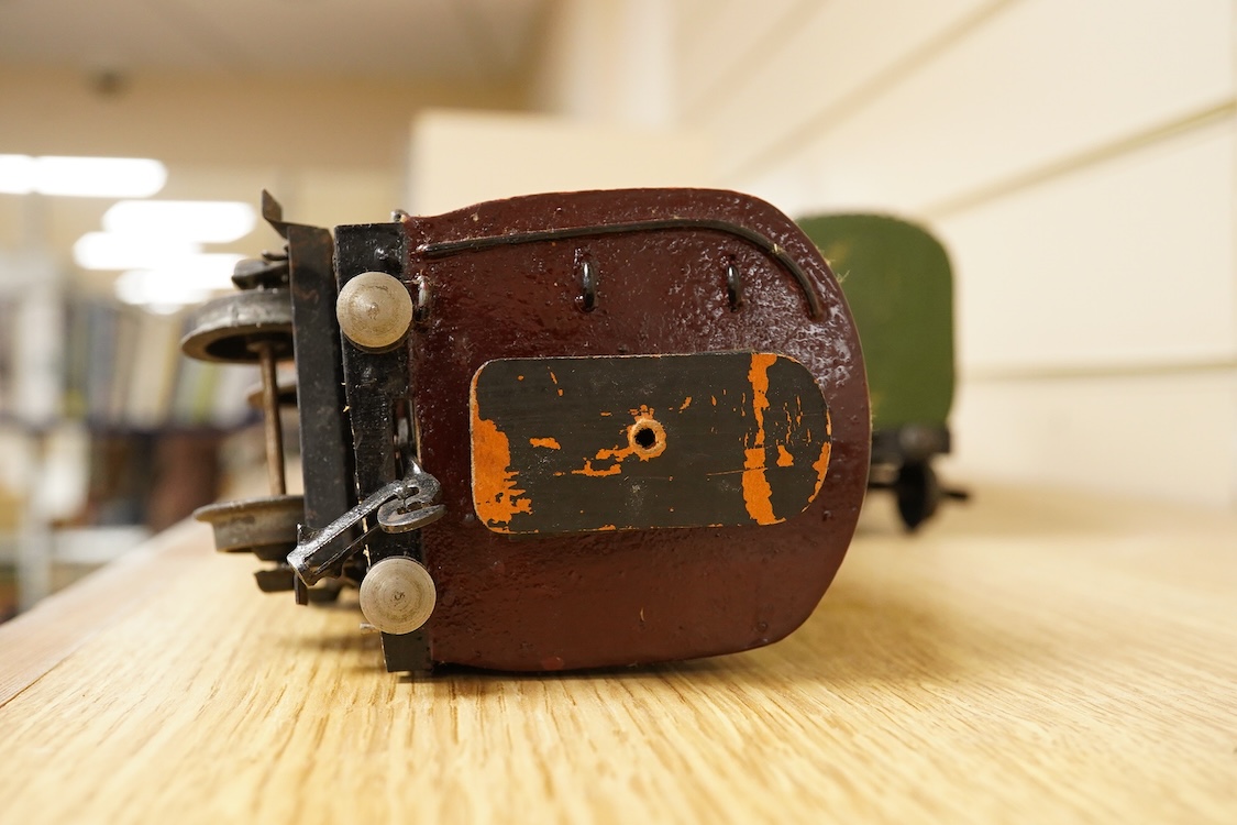 Four 0 gauge 1930s wooden Bonds bogie coaches; three Southern Railway; a Composite Brake, and two First Third Composites, and an LMS First Third Composite